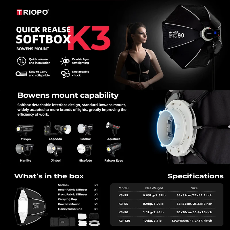 

TROPO Light Box K3 Quick-Install Side Wing Octagonal Softbox Matt Box K3 55cm 65cm 90cm 120cm Softbox