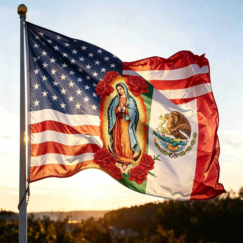 Mexican American Flag 2x3ft 3x5ft Our Lady of Guadalupe Polyester Printed Banner Cultural Heritage Outdoor Garden Decoration