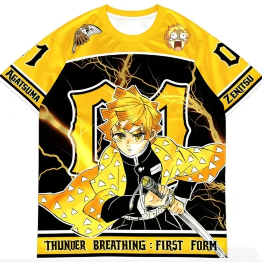 Agatsuma Zenitsu Anime Printed Thunder Breathing Pattern Breathable Mesh V-neck Short Sleeve Street Style Cosplay Sports Top