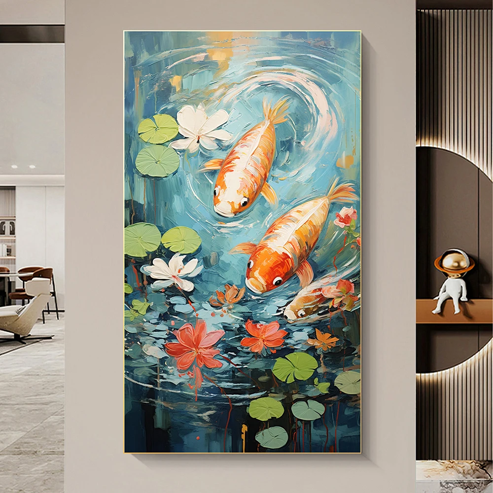 

Hand Painted Oil Painting Large Original Pond Scenery Oil Painting on Canvas Abstract Carp Painting Living room Wall Decor