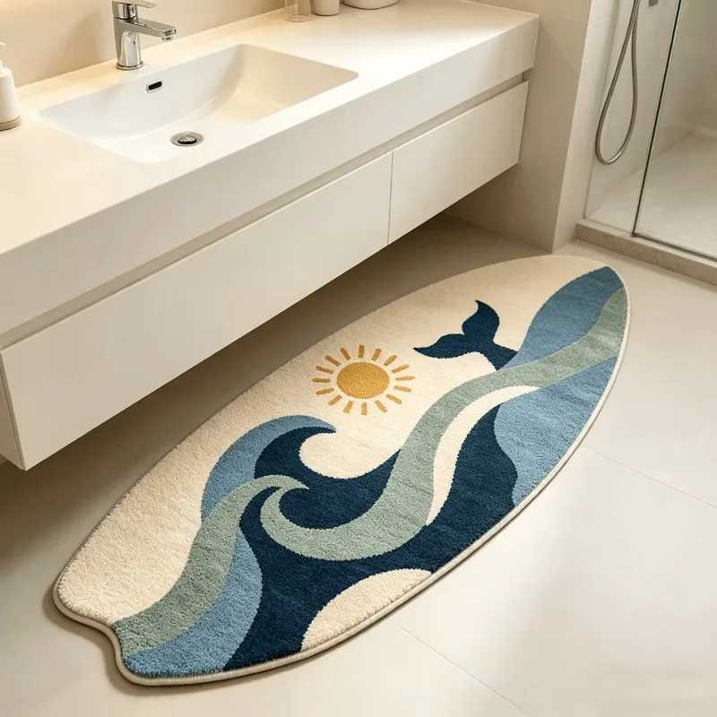 Nautical Wave Whale Tail Surfboard Shape Doormat Soft Plush Irregular Floor Rug Home Window Side Decoration