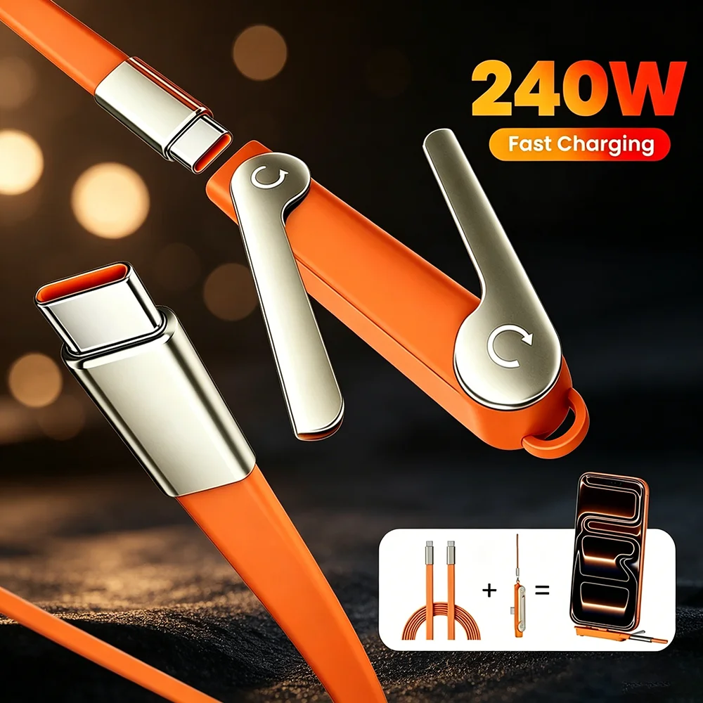 2-in-1 USB C Fast Charging Phone Cable with Foldable Phone Holder Stand 240W PD Detachable Data Cord for iPhone Samsung Xiaomi