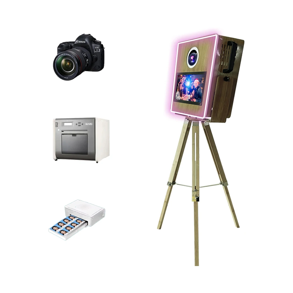 

Portable Kiosk Camera With Printer Vintage Wooden Photo Booth Selfie Dslr Photo Booth For Business Party Wedding Photo Booth