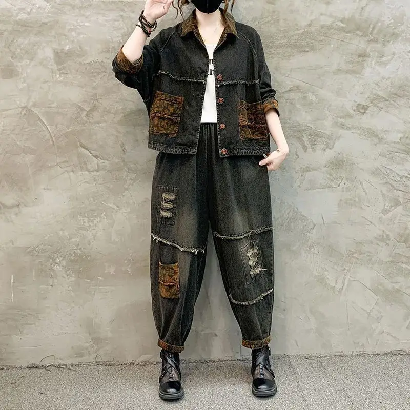 Autumn Winter Women Retro Cowboy Set 2026 New Large Size Women Casual Loose Short Denim Jacket + Jeans Pants 2-piece Suit Outfit