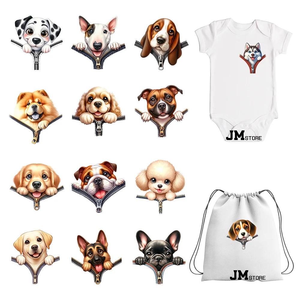 

8cm 3inch Pocket Zipper Dog Animal Iron On Heat Transfer Sticker For Clothes DTF Printed Vinyl Appliques Washable T-Shirt Decal