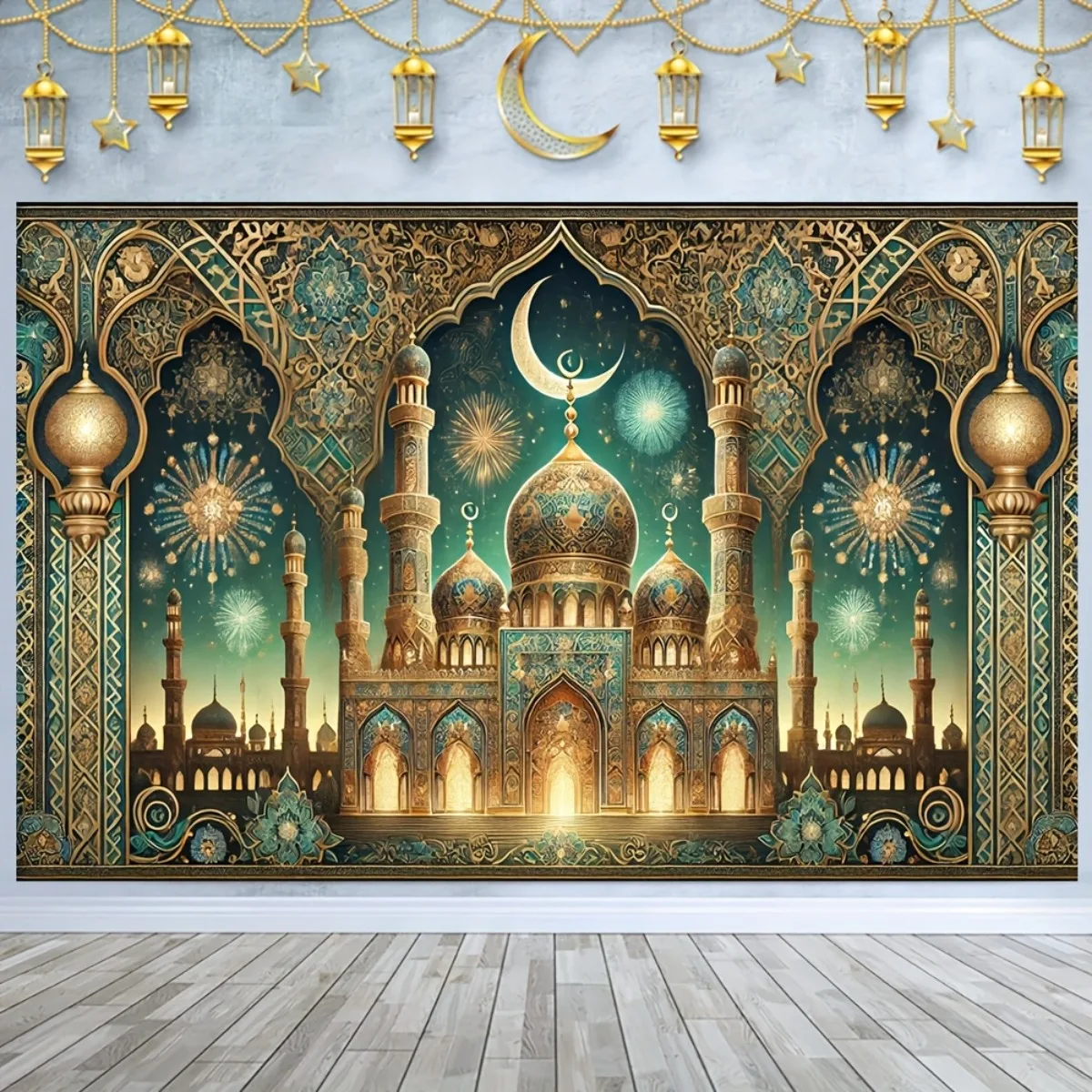 Islamic Mosque Tapestry Wall Hanging Ramadan Crescent Moon Starry Night Art Fabric Poster for Living Room Bedroom Home Decor