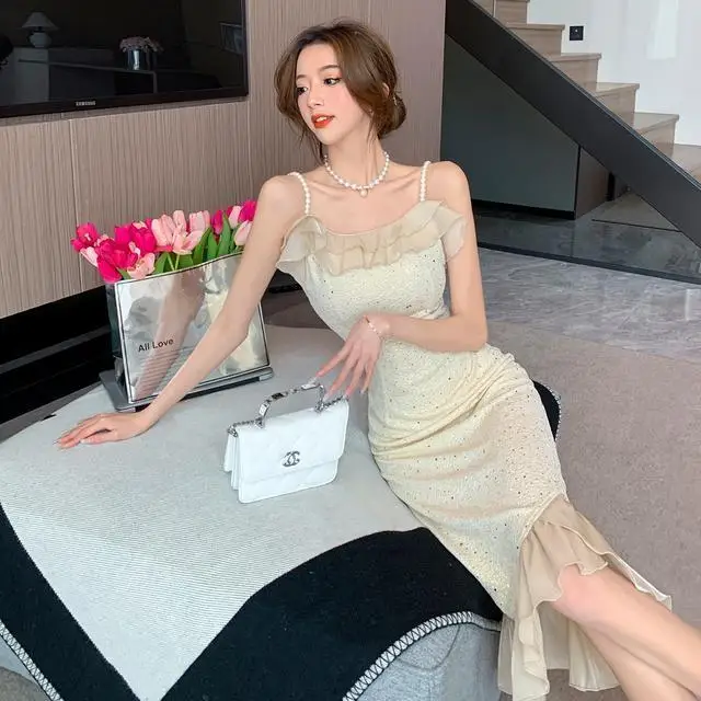 Summer Sequin Pearl Cami Dress for Women – Off-Shoulder Ruffle Hem Mermaid Mini Dress Elegant Party Outfit with Socialite Vibes