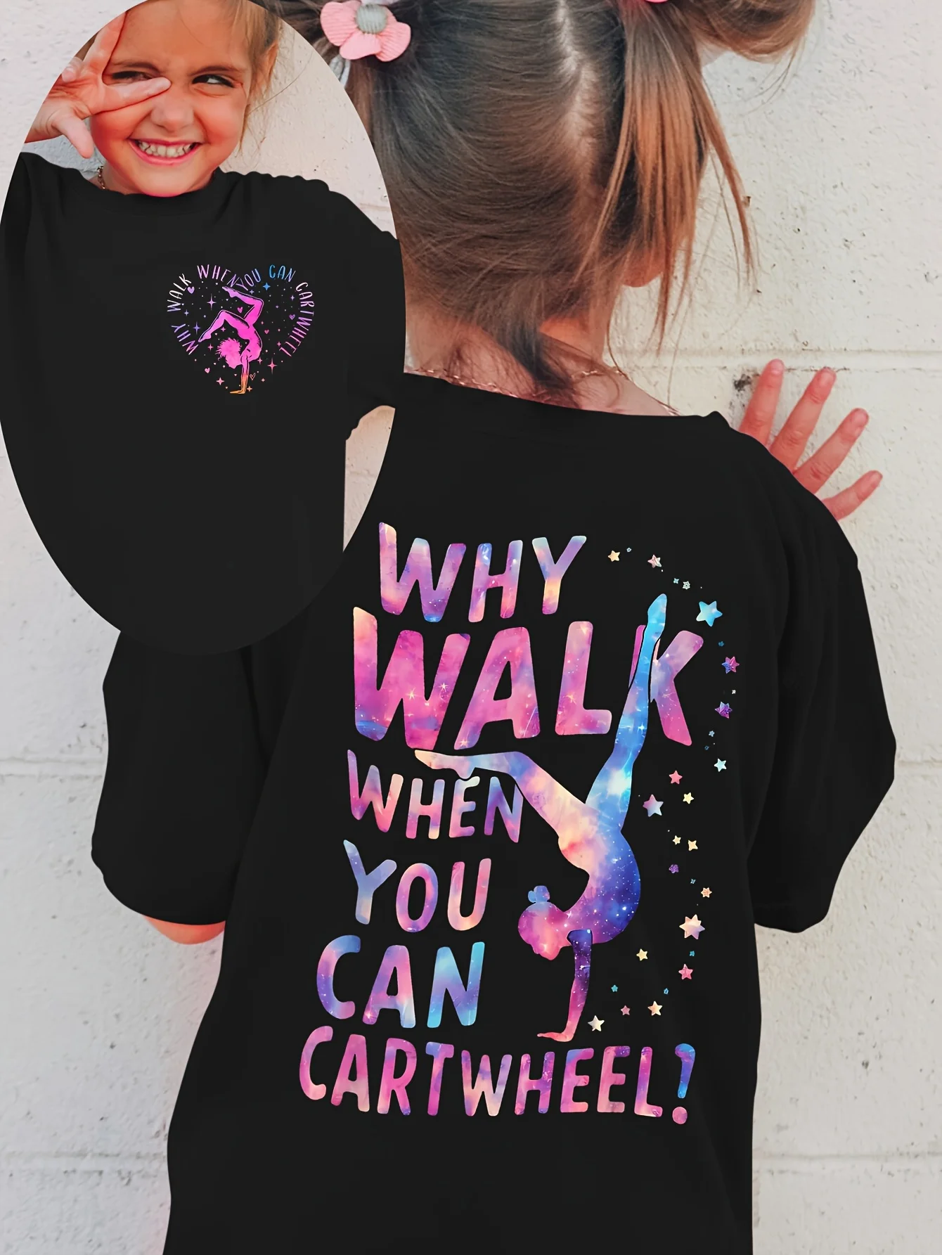 Girls Summer Tshirt WHY WALK WHEN YOU CAN CARTWHEEL Dancing Girl Print Tween Girls Casual Sports Comfort Short Sleeve Top Tee