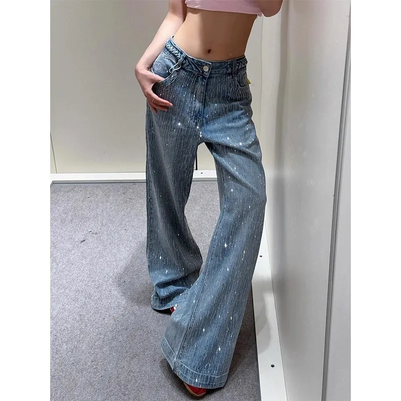 

Джинсы в стиле ретро, инкрустированные бриллиантами, женские весенние дизайнерские брюки прямого кроя с высокой талией, свободные широкие брюки для мытья полов