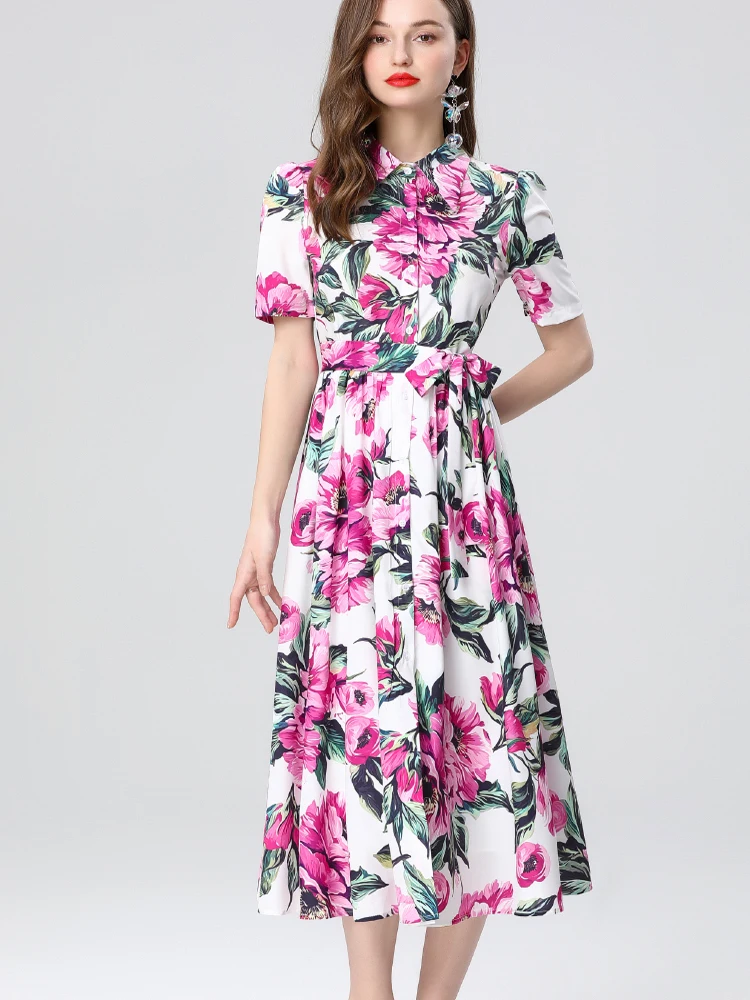 Abito camicia con stampa floreale moda temperamento per donna manica corta bavero femminile cintura petto abito da festa abito da festa