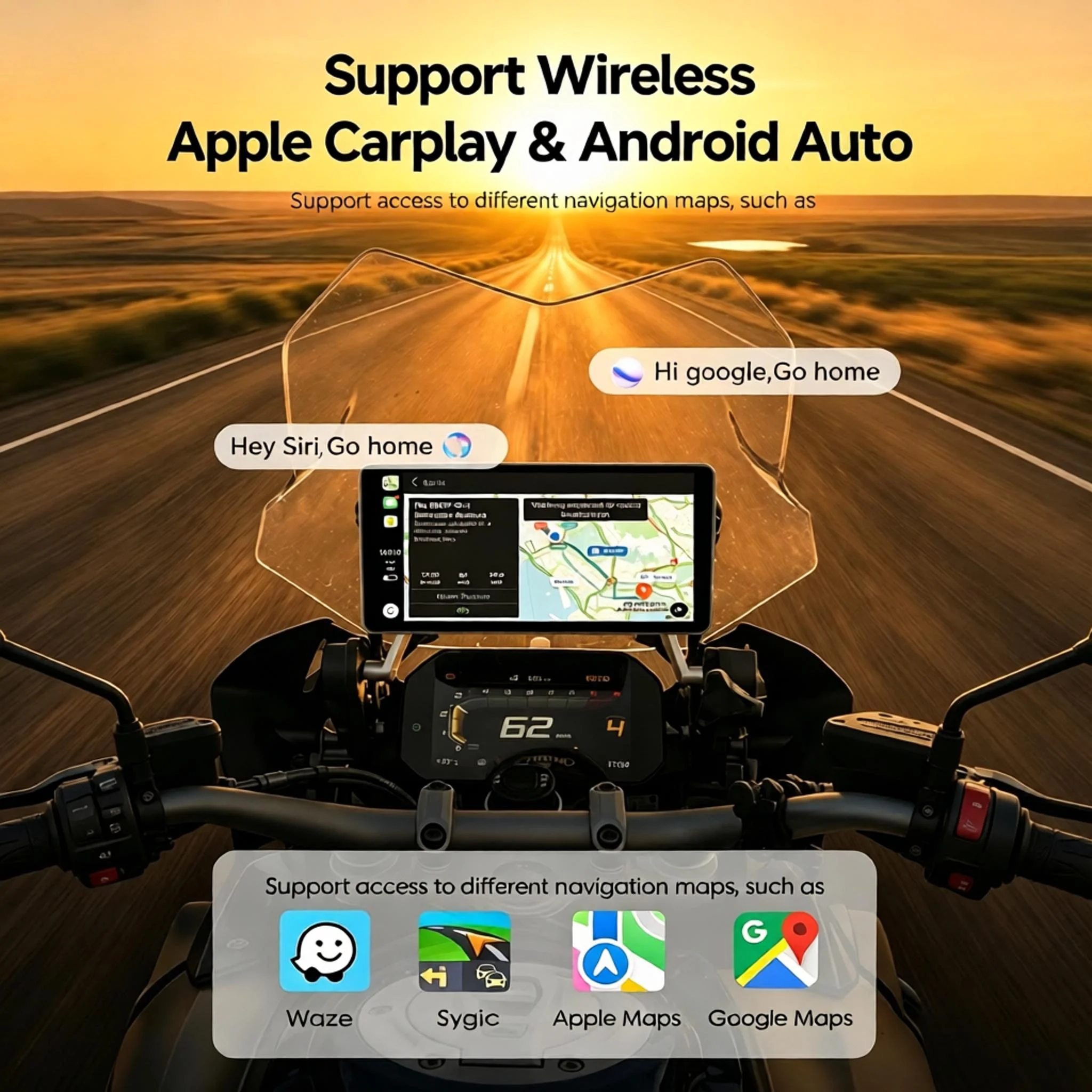 6 Inch Dual DVR 1080P Motorcycle Wireless Carplay Android Auto HiCar Navigation GPS Stereo IPX7 Waterproof Siri Voice Monitor