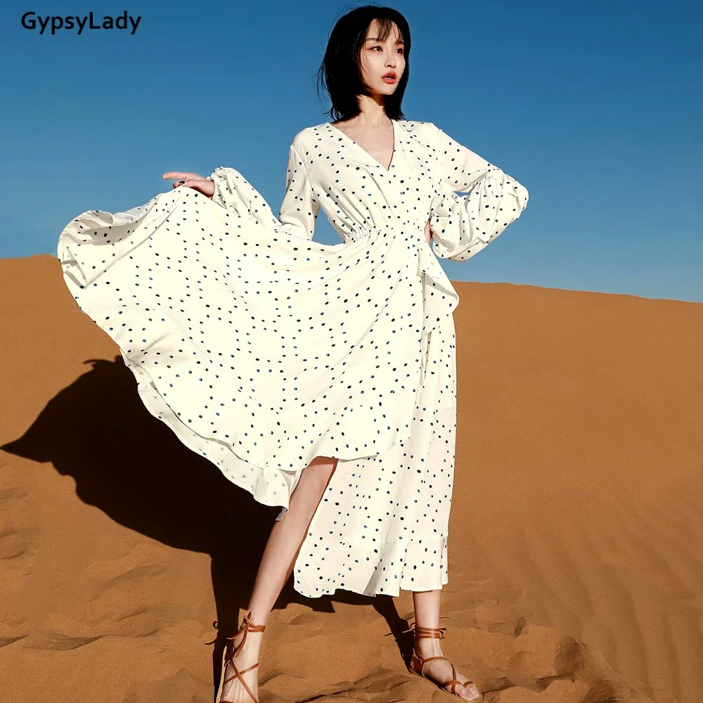 GypsyLady Cotton Polka Dot Maxi Dress White Spring Holiday Boho Dresses Long Lantern Sleeve Ruffles Split Causal Ladies Dress