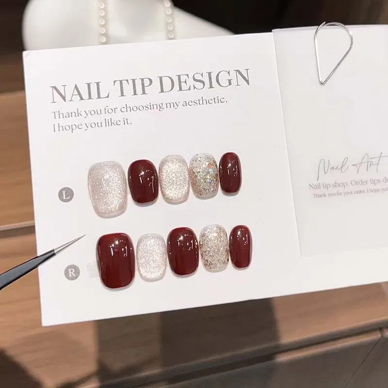 

10 шт., красные, серебряные накладные ногти, женские эстетические накладные ногти, набор самоклеящихся типсов, готовые искусственные ногти