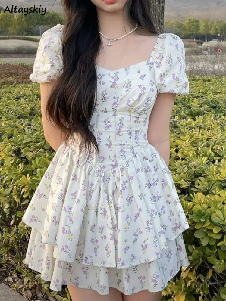 

Short-sleeve Floral Dress Women Charming Lovely Girls Ruffles Trendy Summer Vintage All-match Ulzzang Literary Fairycore New