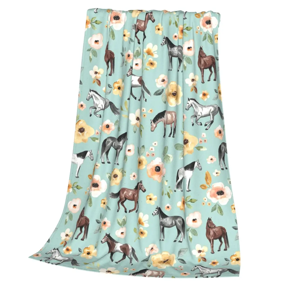 Horses With Flowers, Sunrise Floral, Blue, Horse Decor, Blanket Soft Warm Flannel Throw Blanket Cover for Bed Travel Home Sofa