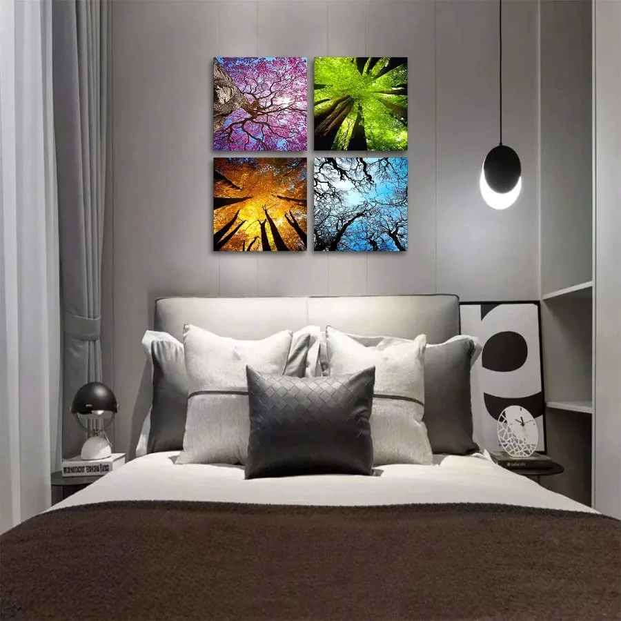 4 Panels Canvas Wall Art Spring Summer Autumn Winter Four Seasons Landscape Tree Painting Prints Modern Giclee Artwork Stretche