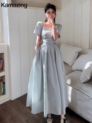 New Elegant Summer Short Sleeve Vacation Dress for Women Square Neck Casual Solid Party Dresses Korean Chic Slim A-line Vestidos