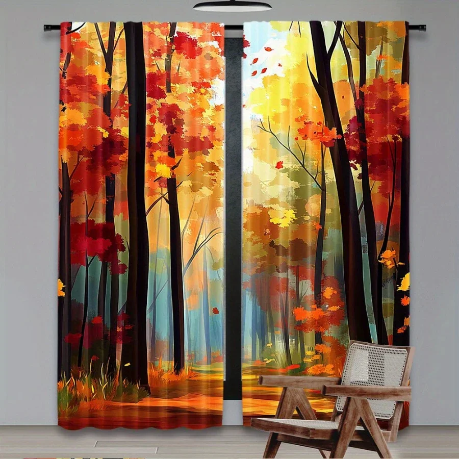 Vibrant Autumn Forest Window Curtains Sunlight Pattern Living Room Home Decor Curtain Panels