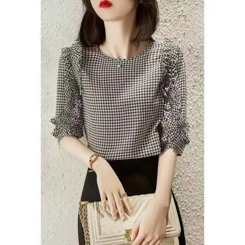 Fashion Printed Houndstooth Spliced Ruffles Oversized Shirt Summer New Casual Pullovers Loose Commute Women\'s Clothing Blouse