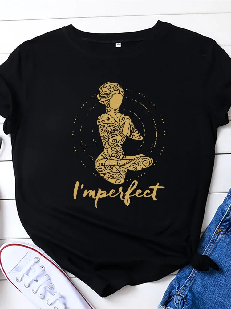 Eu sou perfeito yoga menina impressão t camisa das mulheres de manga curta o pescoço solto tshirt verão camiseta feminina topos camisas mujer