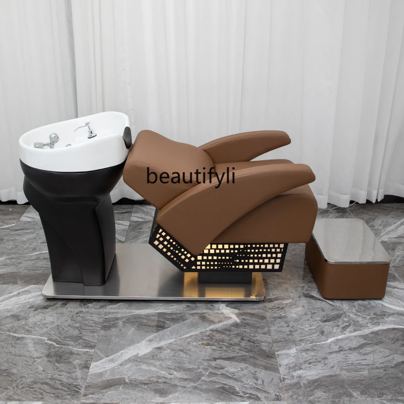 Shampoo Chair Barber Shop Half Lying Flushing Bed for Hair Salon Hairdressing Shampoo Ceramic Basin