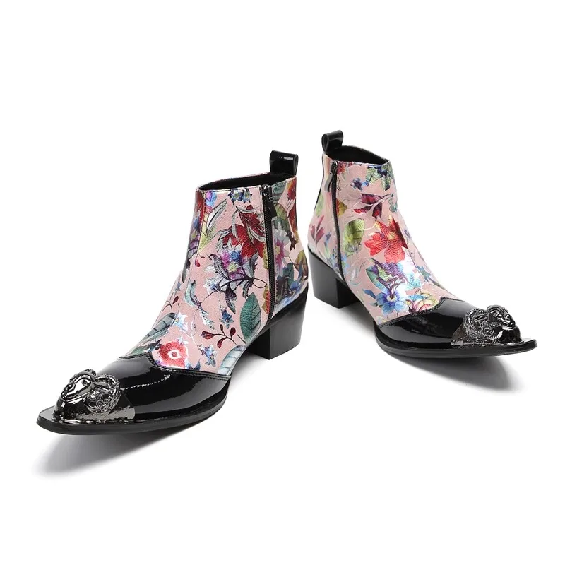 Personalized Red Prints High Heel Men's Boots Metal Pointed Toe Luxury Design Youth Performance Banquet Ankle Boots