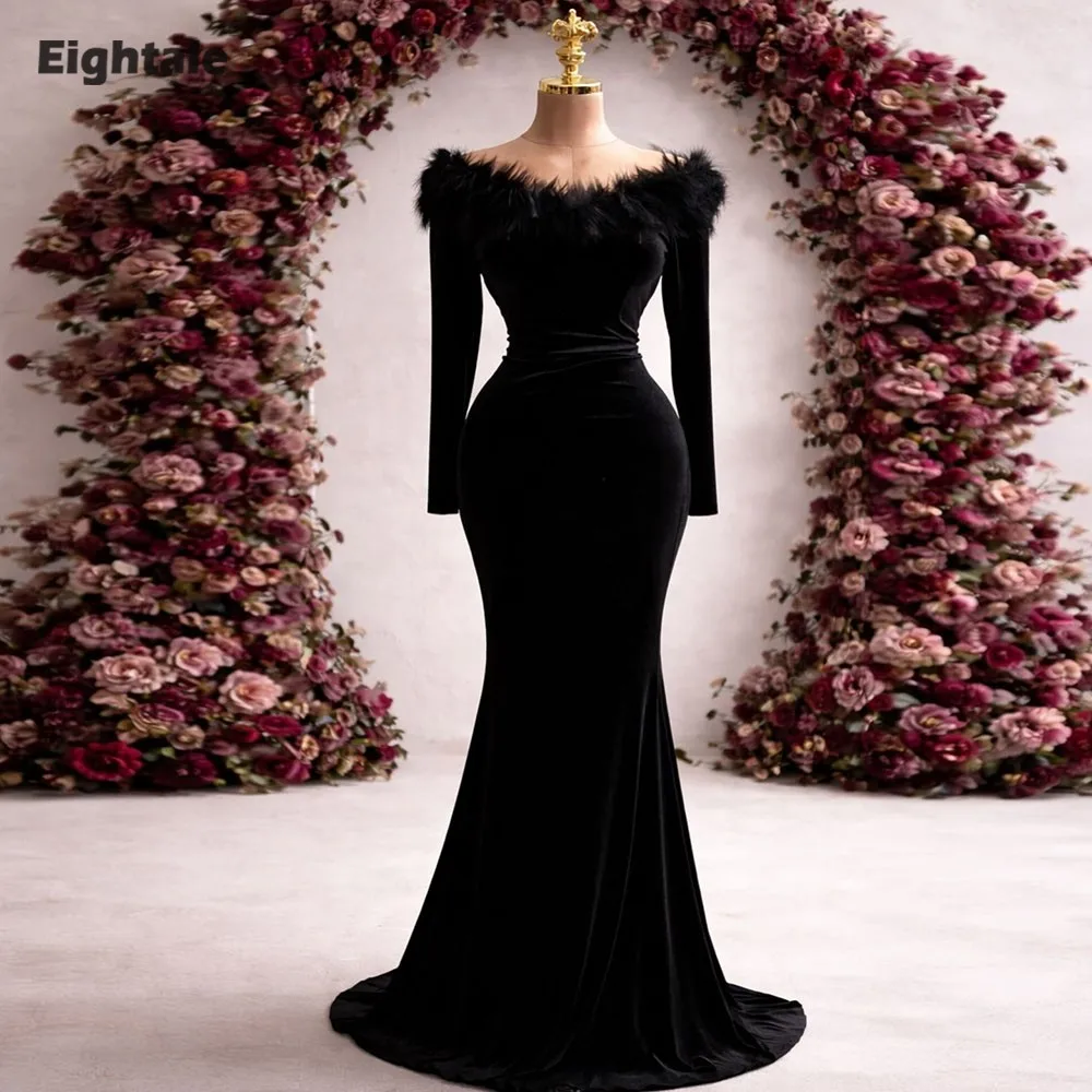 

Вечернее бархатное платье Eightale для свадебной вечеринки, индивидуальный пошив, с вырезом-лодочкой, длинными рукавами с перьями, силуэт «русалка», арабские выпускные платья