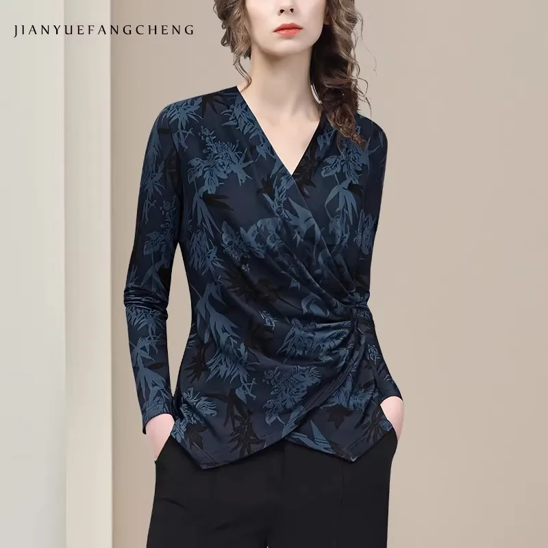 

Женская вязаная рубашка в винтажном стиле с длинным рукавом, эластичная, с принтом, элегантная, приталенная, асимметричная, весенне-летняя, на шнуровке