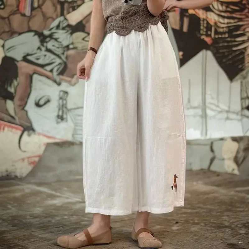 Retro Embroidered Cotton Linen Casual Pants High Waist Wide Leg Nine Points Summer 2026 Trendy Loose Fit Ethnic Style