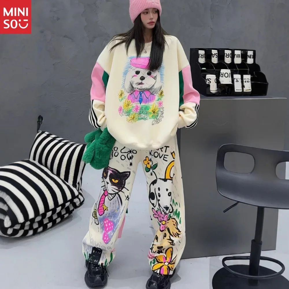 

Fashion Splicing Large Version Women Clothing American Retro Graffiti Cartoon Sweater Sweatpants Two-piece Set Loose Casual Suit