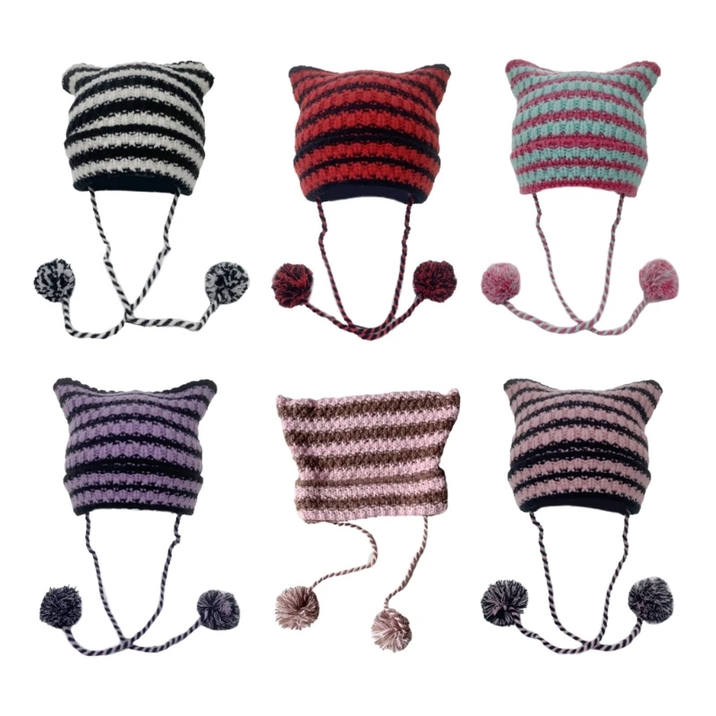 Y2k Handmade Ear Hat Knit Winter Windproof Hat with Dangle Pompoms Drop Shipping