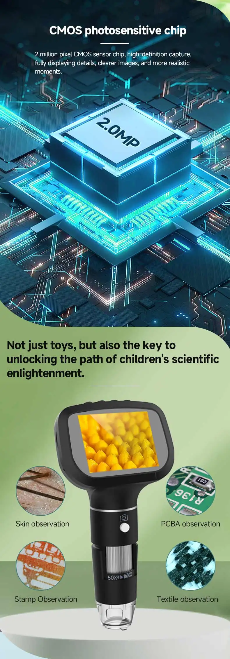 Dodosee 2.4 Inch Digital Microscope 1600X 1080P 8 Lights Handheld Kids Microscopes Supports Photo Video Magnifier Tools for Coin
