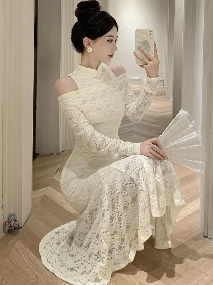 Herfst Winter Wit Kant Jacquard Chic Off Schouder Sexy Jurk Vrouwen Elegante Bodycon Luxe Jurk 2025, Koreaanse Vintage Prom Dress