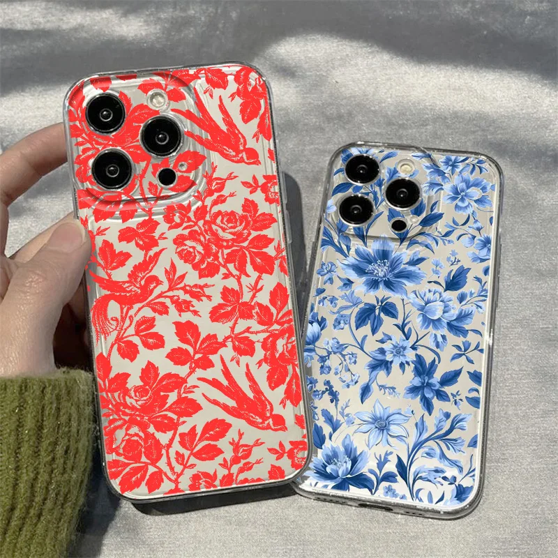 Red Blue Oil Painting Flower For Realme10 9 C30 53 63 Narzo50 Find X5 Reno12 11 10 8 7 6 Pro Plus Transparent Space Phone Case