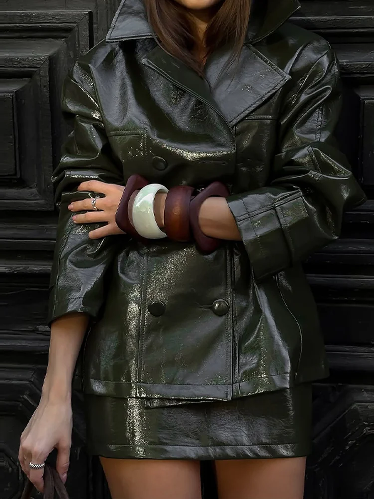 Elegant Women's Pu Leather Jacket Skirt Suit Lapel Solid Double-Breasted Lady Sets 2026 Autumn Fashion Female Street Outwear New