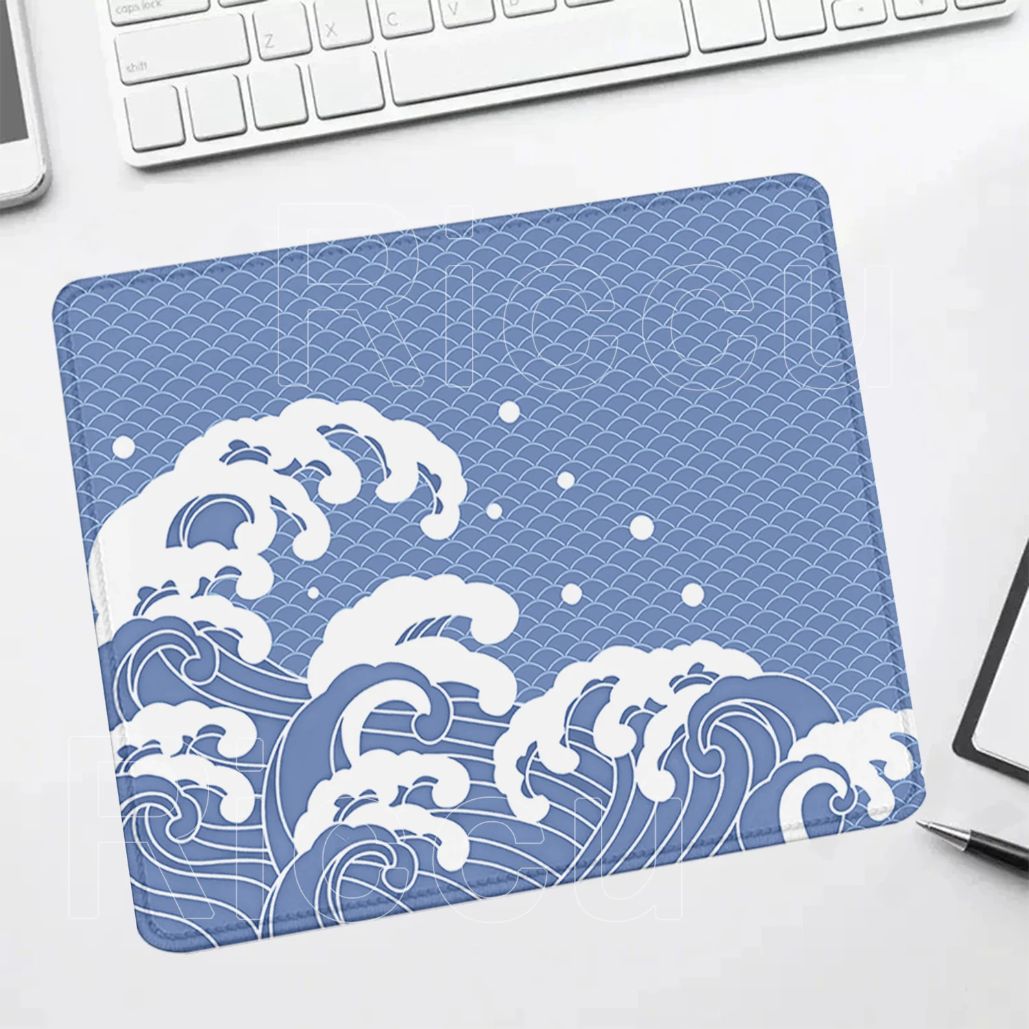 Ukiyo-e style light blue Sea Kawaii small Size Mouse Pad Rubber Gaming Keyboard Office accessories HD Printing overlock Desk Mat