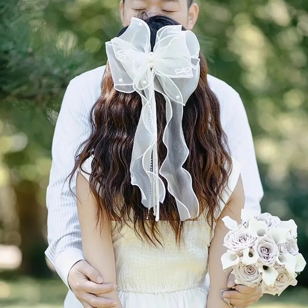 رائعة اللؤلؤ الزفاف الشريط القوس دبوس الشعر ضوء المشابك الفاخرة الزفاف أغطية الرأس شرابة أنيقة الزفاف غطاء الرأس الشعر مجوهرات