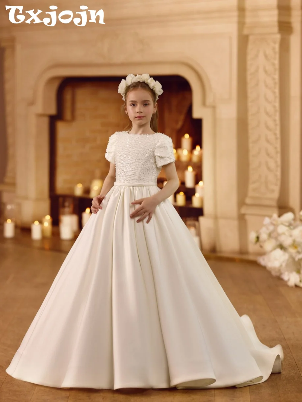 Luxurious Pearls Bow Flower Girls Dresses For Wedding Elegant Puff Sleeve Satin Floor-length Kids Princess Gown Performance Wear