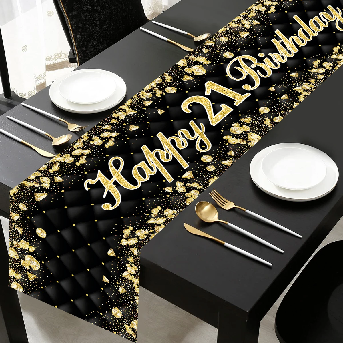 Black Gold Happy Birthday Table Runner 18 21 30 40 50 60th Birthday Party Decoration For Home Adult Anniversary