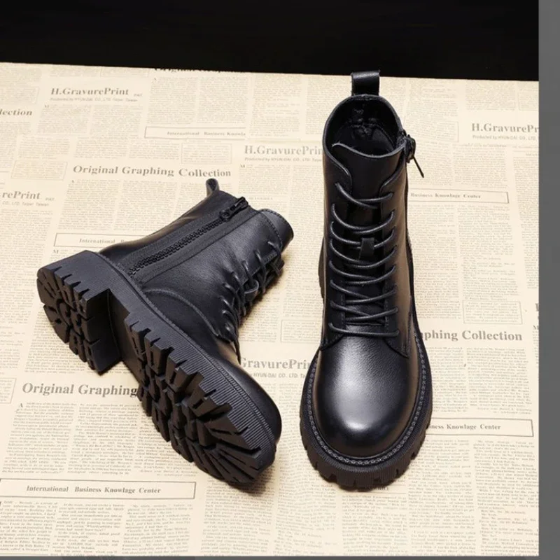 winter  Mid Length Boots Black Anti Slip Trendy Footwear  Fashion Laceup Boots Ladies Thick Heeled Casual Shoes Botas Zapatos