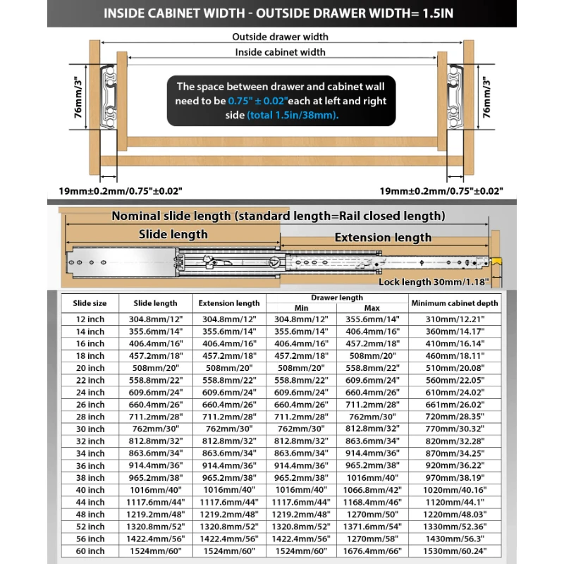 1 Pair 227kg Load Capacity Heavy Duty Slide Rail Full Extension Ball Bearing Side Mount Industrial Rails with Lock RV Slides