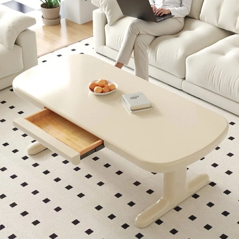 Electric lifting coffee table with drawers, dining table, dual-purpose large-capacity cream wind rock slab, living room small