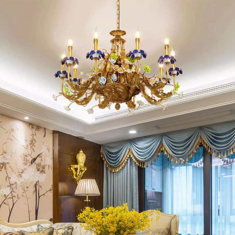 Medieval Ceramic Flower Decorative Pendant Light Luxury Villa Hotel Living Room Victorian Brass Copper Chandelier image 3