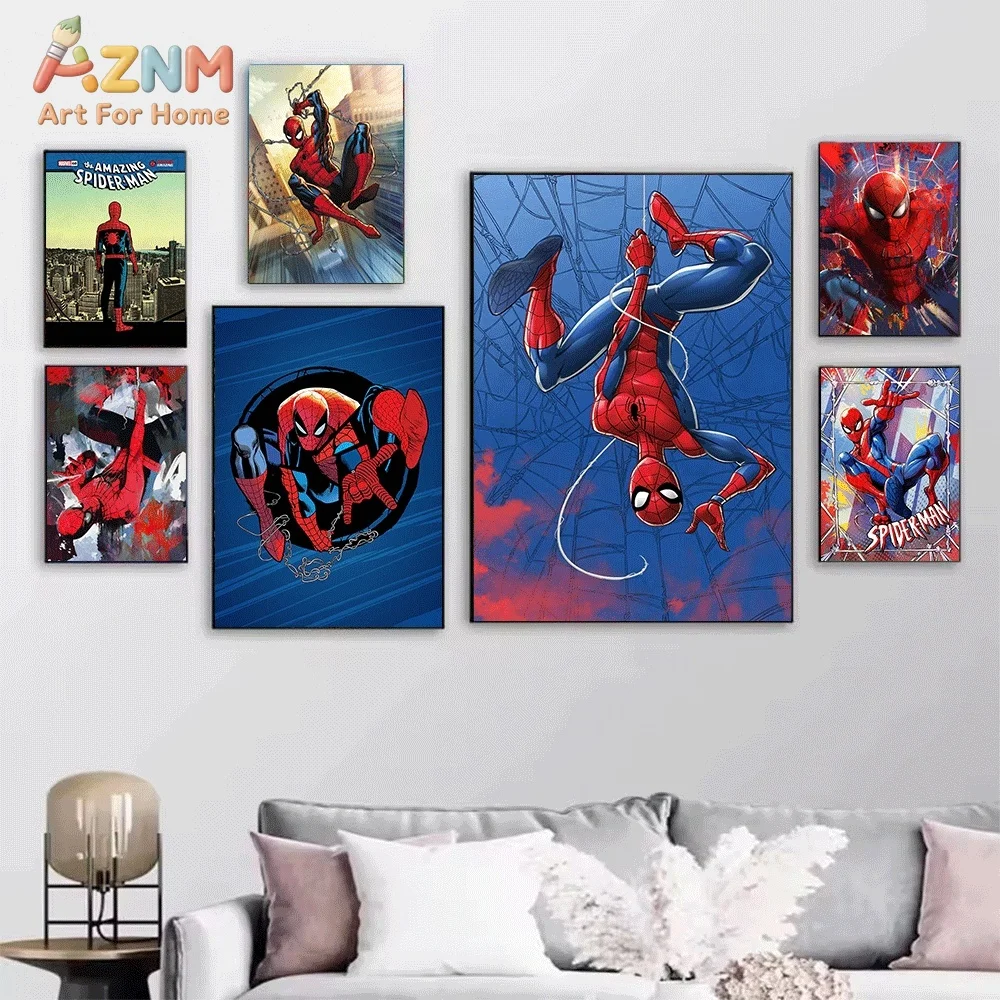 Vibrant Comic‑Style Spider‑Man Superhero Canvas Wall Print, Marvel Hero City Swing Action Art Poster, Unframed Canvas Painting