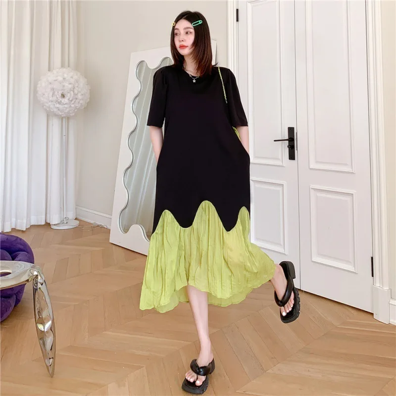 # 6138 Sommer Gespleißt Farbe T Shirt Kleid Kurzarm Falsche Zwei Stück Streetwear Midi Kleid Damen Lose Schwarz T-shirt Kleid