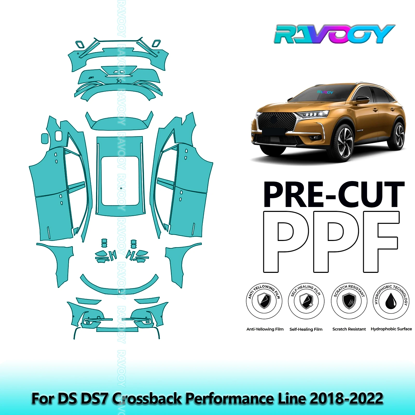 RAVOOY Custom-Fit Precut TPU PPF Full Vehicle Clear Bra Stone Chip Guard EU UK For DS DS7 Crossback Performance Line 2018-2022