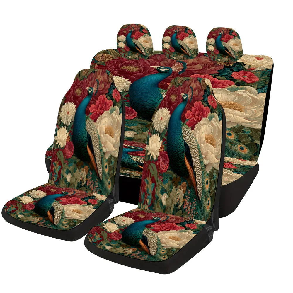A Complete Set Of Car Seat Covers Featuring Blue Peacock And Peony Flower Designs, Suitable For Most Vehicles. These Stylish And