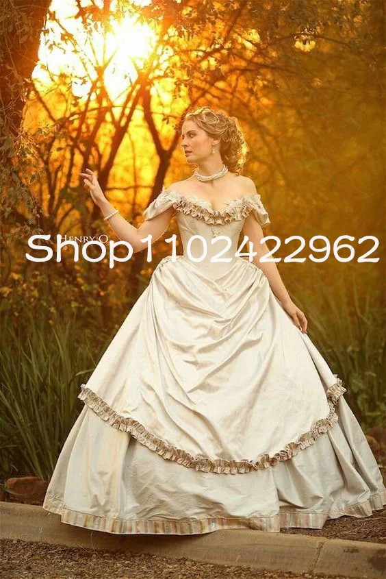 19th Century Victorian Bustle Prom Occasion Dresses Ruffles Off Shoulder Champagne Edwardian Southern Belle Evening Gown