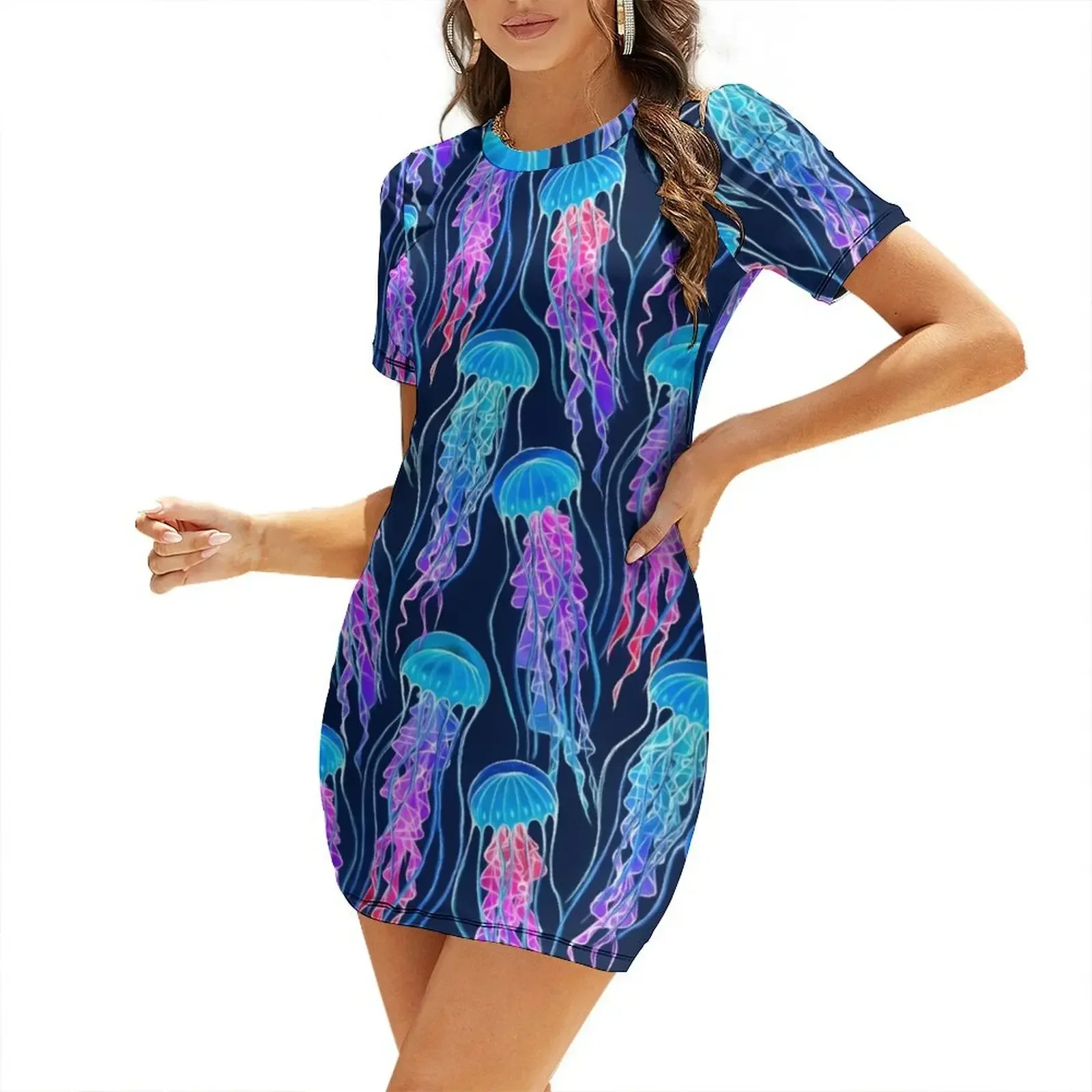 Luminescent Rainbow Jellyfish on Navy Blue Short-Sleeved Dress dress for woman women's clothing summer 2026 novelties
