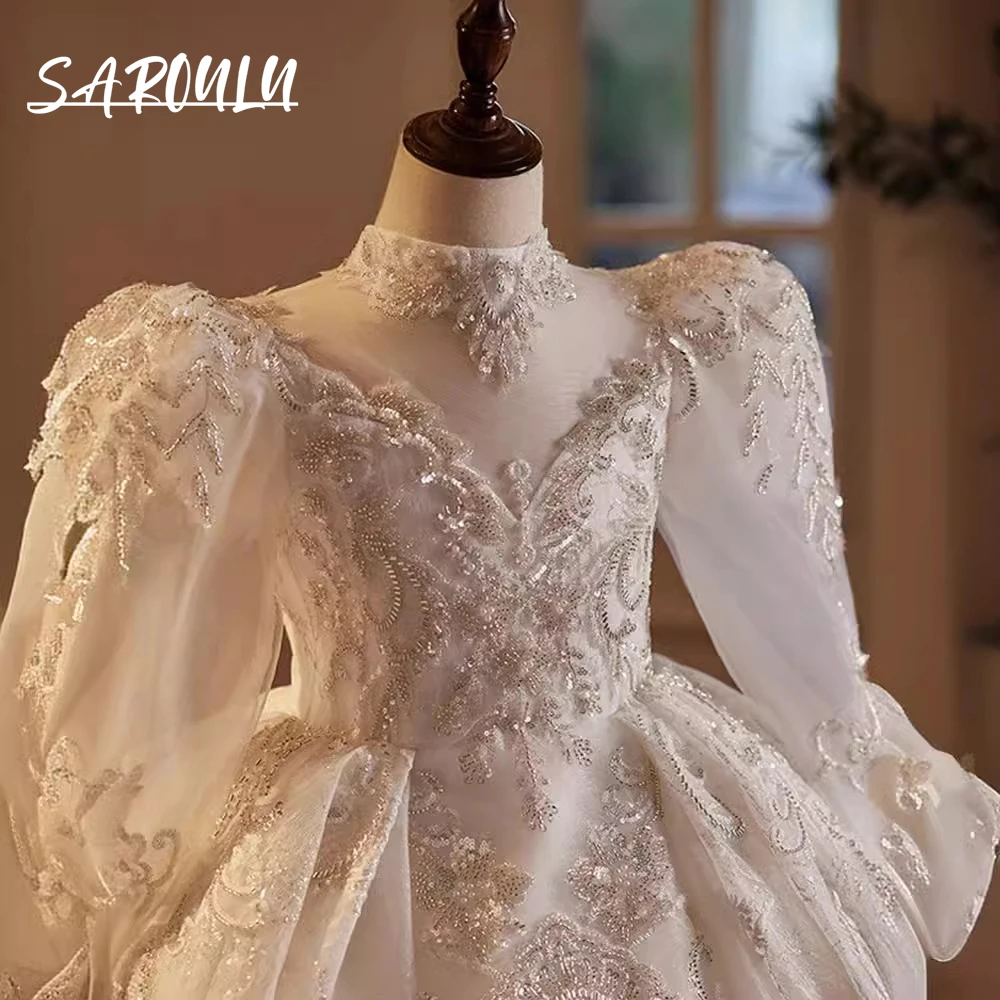 Robe de princesse de luxe pour filles, manches longues bouffantes, fermeture à lacets réglable, robes florales en dentelle perlée, robe de soirée